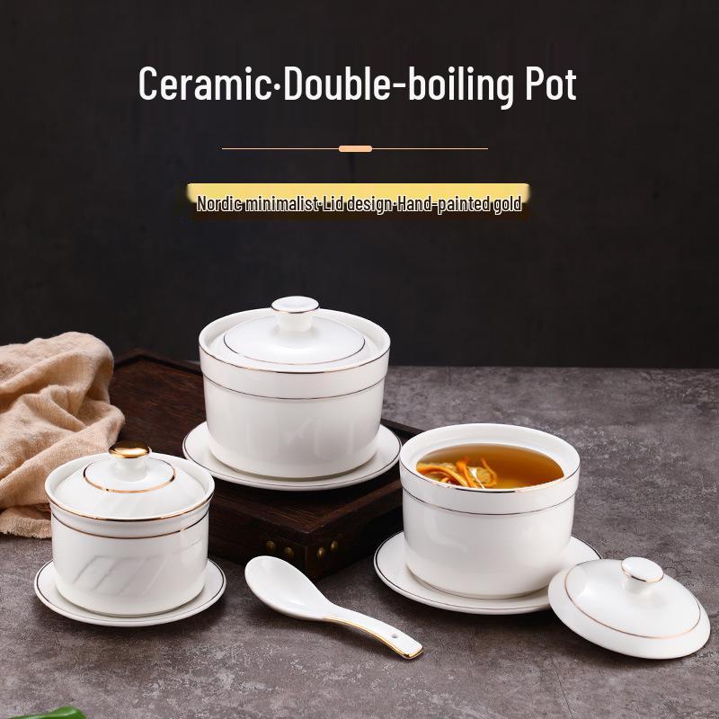 Keramik-Schmortopf mit Deckel, goldrandig, für den gewerblichen Gebrauch: Ideal für Vogelnestersuppe, gedämpfte Desserts und Eier.