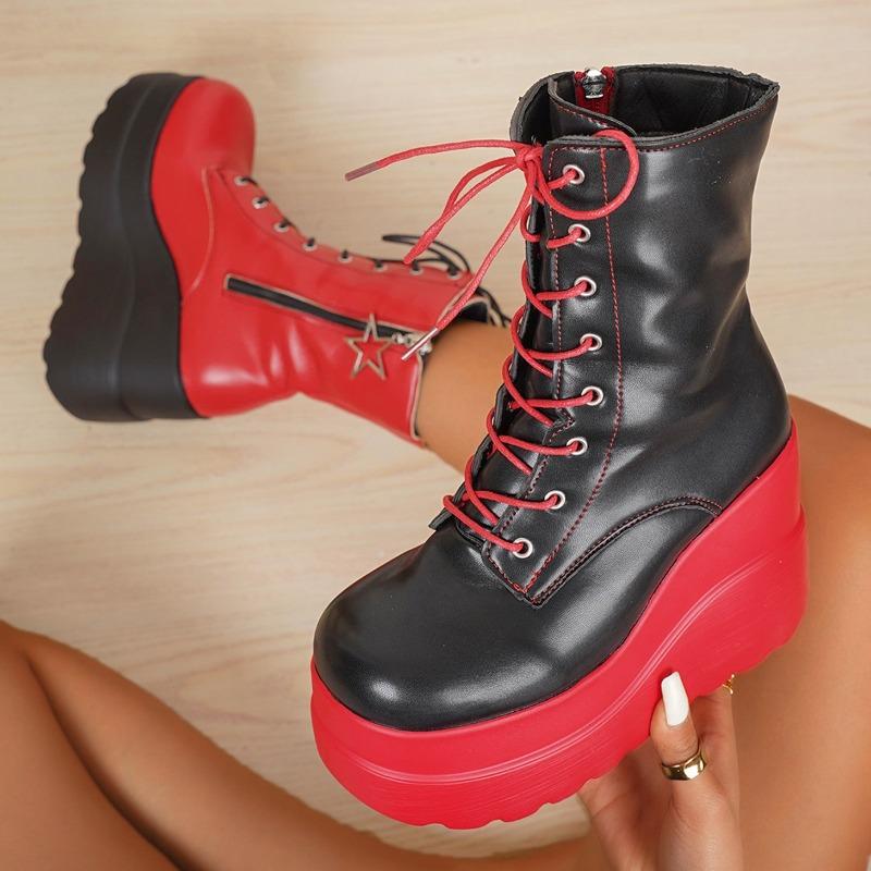 

Winter New Platform Heightened Platform Side Zip Booties Round Toe Strappy Heels 42