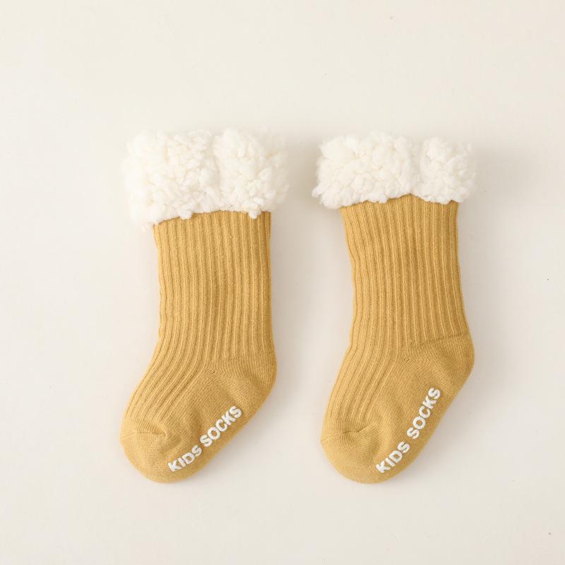 2021 Winter Thick Lambswool Non-slip Baby Floor Socks – Ribbed Solid Color Plus Velvet L: 1-3 Years