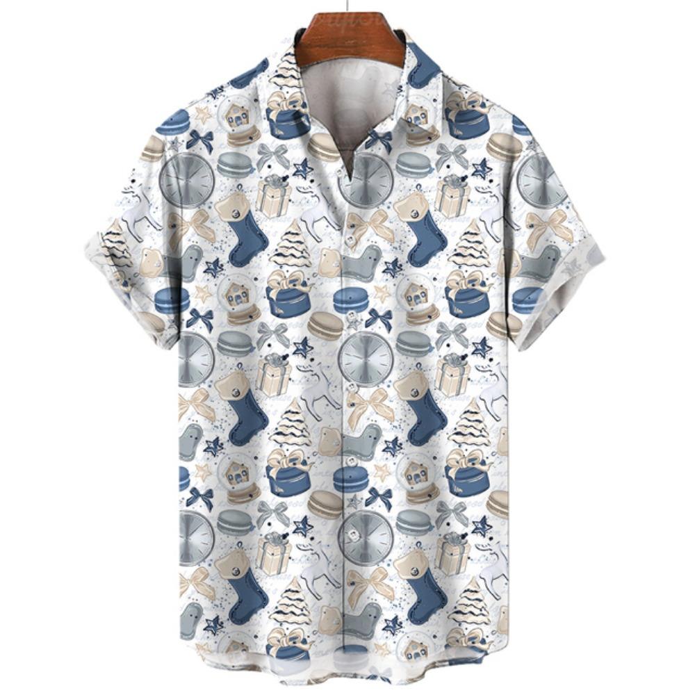 Retro Style Christmas Tree Reindeer Snowflake Printed Short Sleeved Shirt for Men and Women Christmas Holiday Loose Casual Shirt