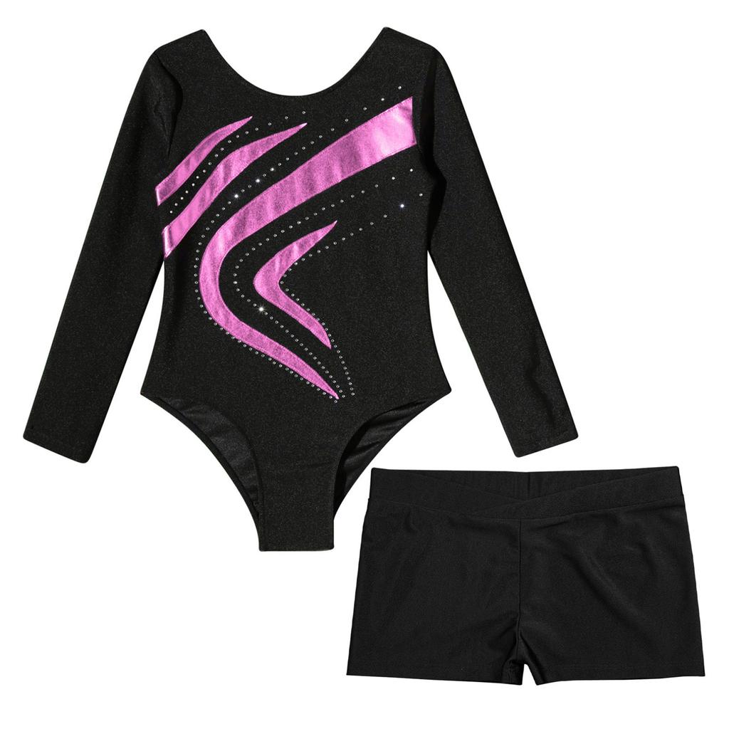 Zweiteilige Tanz-Outfits mit Strasssteinen für Kinder und Mädchen, langärmlige Trikots und sportliche Shorts-Sets