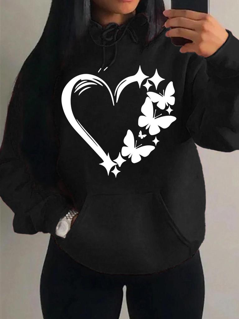 Women's Loose Fleece Hoodie with Love & Butterfly Print