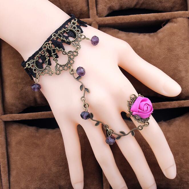 Retro Lace & Crystal Lolita Bracelet-Ring Chain
