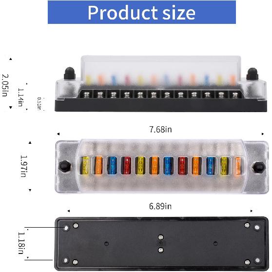 12-Way 12V Fuse Box Blade, 12-Volt Fuseholder, No LED Indicator, Moisture Resistant Cover - With Ground Bus 12-Way Independent Positive Fuseholder