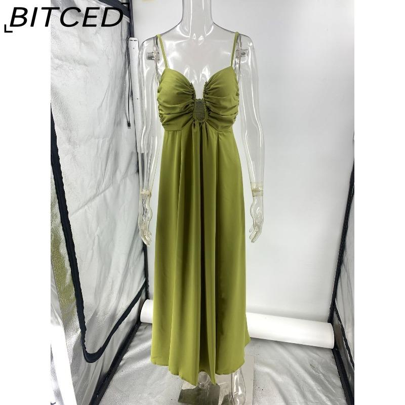 BITCED Summer Sexy Spaghetti Strap U-Neckline Resort Maxi Dress with Full Skirt