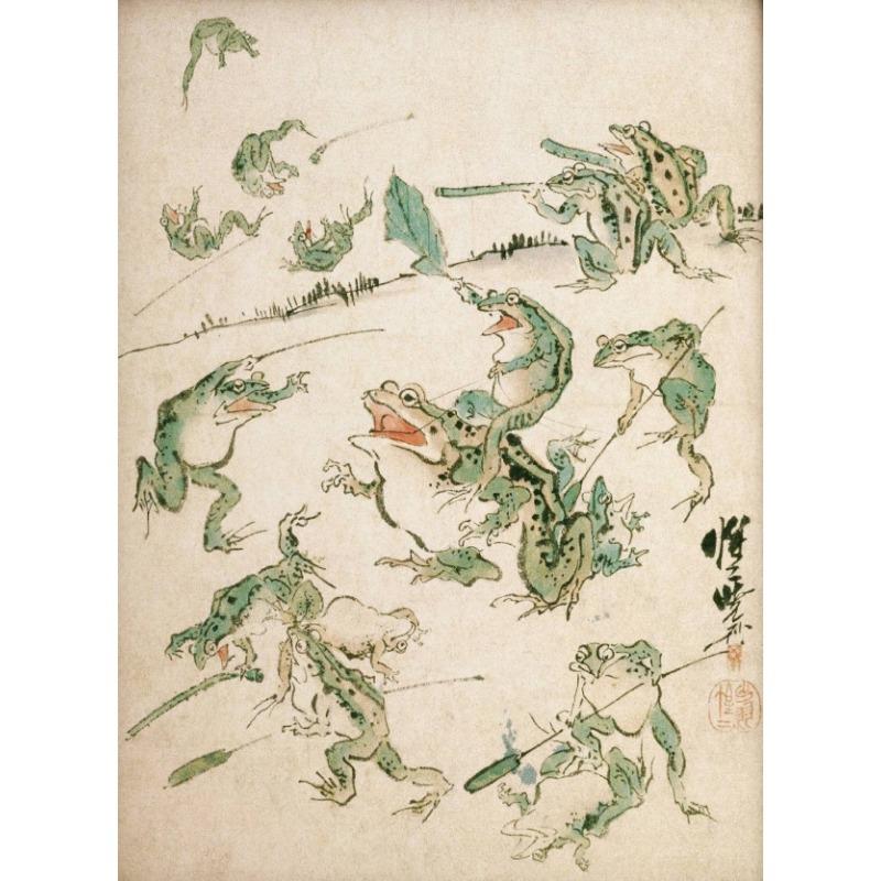 Japanese Vintage Colorful Funny Frog Playing Banjo Singing Frog Chorus Poster Canvas Painting Wall Art Living Room Home Decor