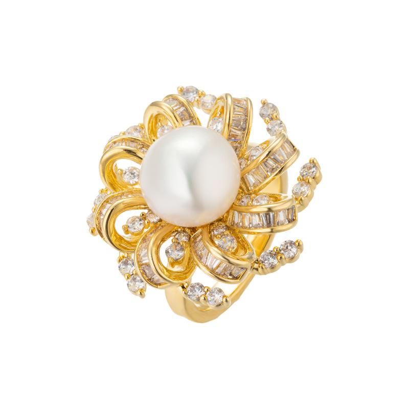 Douyin Same Incense Grandma Baroque Ring Women's Natural Pearl Copper Micro-inlaid Zircon Ring Decoration High Sense