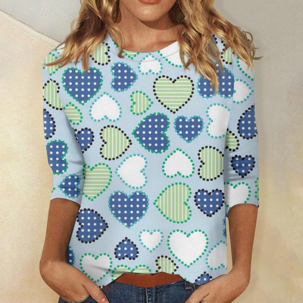 Damen Valentinstag Print Mode Lässig 3/4 Ärmel Rundhals Oberteil