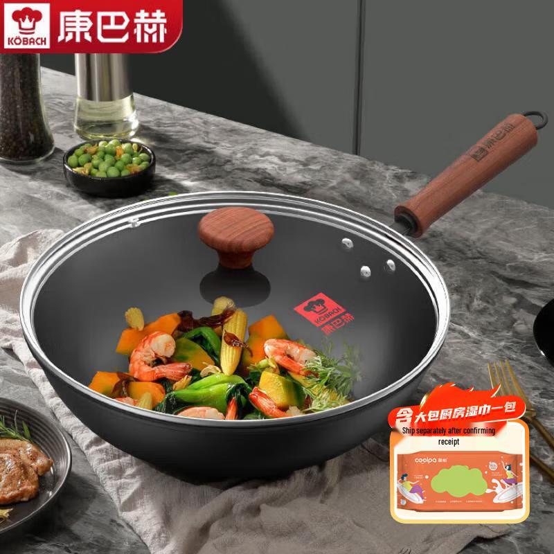 Kobach 34cm Traditional Cast Iron Wok with Visual Lid