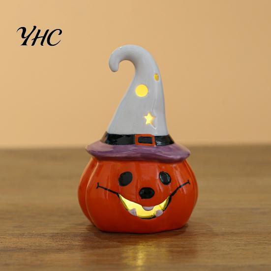 Petite Sculpture Décorative en Céramique Porte-Bougie Halloween, Figurine Fantôme Citrouille Illuminée avec Lampe de Table Chapeau de Sorcière, Plateau à Étages Décoration de Table pour