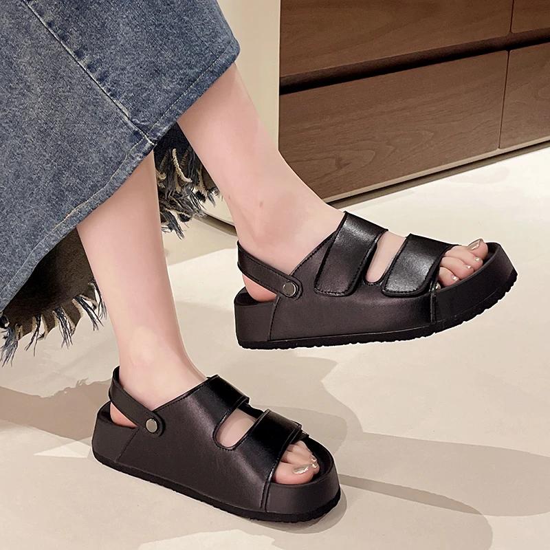 

Fashion 2025 Brand Shoes for Women Retro Open Toe Women s Sandals Fashion Casual Sweet Summer Best Seller Solid Comfortable Flat Sandals 35 чёрный