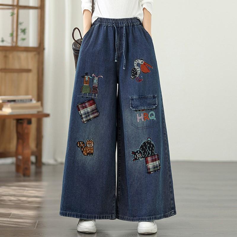 

большой размер Винтажная вышивка высокая талия повседневные свободные Женские весна лето осень джинсы деним широкие брюки XXL