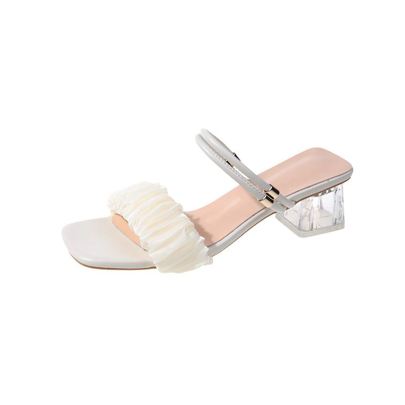 Fairy style thick heel sandals 2025 fashion women's summer women's crystal slippers new pearl high heel slippers outer wear