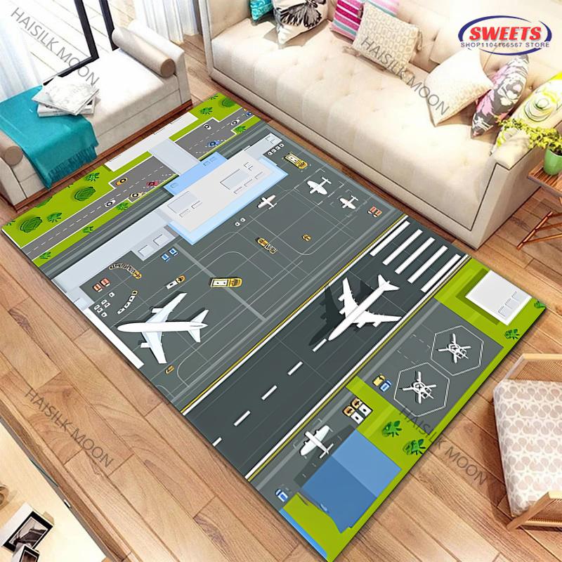 17 Style Airport Landing Strips Top View Aircraft Carpet Rug for Bedroom Living Room Home Sofa Decor, Kids Non-Slip Decor Mats