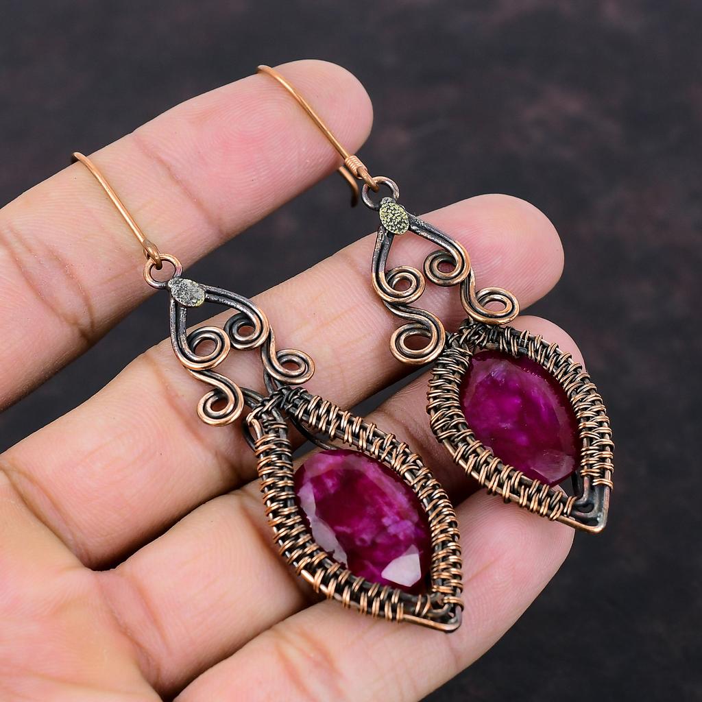 Faceted Kashmir Ruby Earring Copper Wire Wrapped Jewelry Natural Gemstone Earrings Copper Earring Handmade Jewelry Wire Wrap Earring For Mom