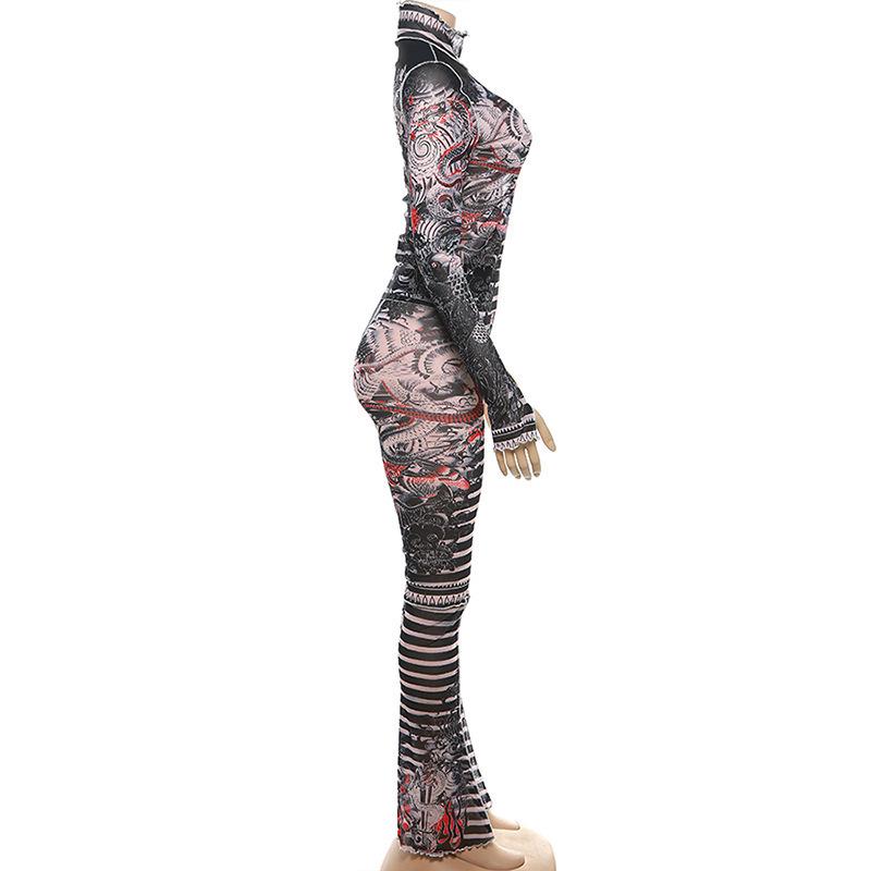 2025 Autumn Women's Sexy Mesh See-Through Print Top & High Waist Casual Pants Set