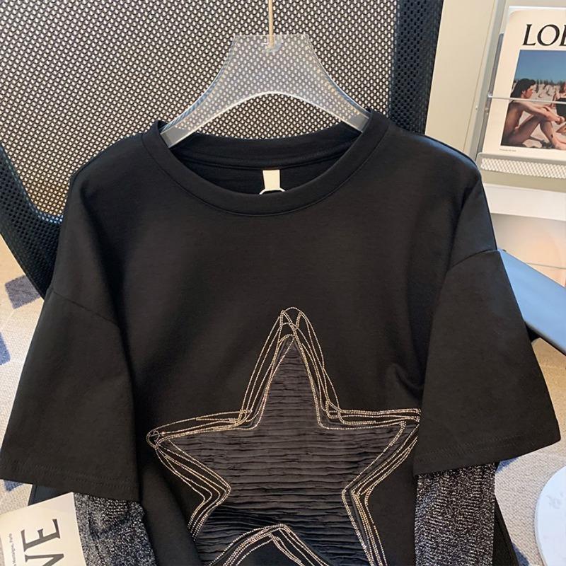 Harajuku Women Clothing Chic Tshirts Patchwork Fake Two Tees Y2k Tops Star Long Sleeve Casual Korean Oversized T-shirt