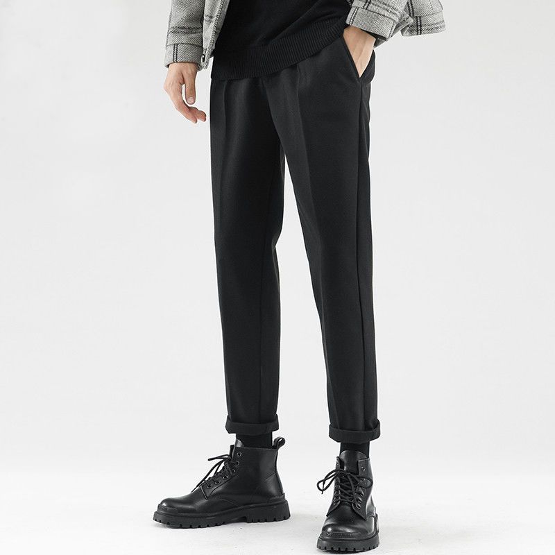 

Шерстяные костюмные брюки для мужчин, осенне-зимние прямые укороченные брюки, утолщенные для тепла и плюша 28 чёрный