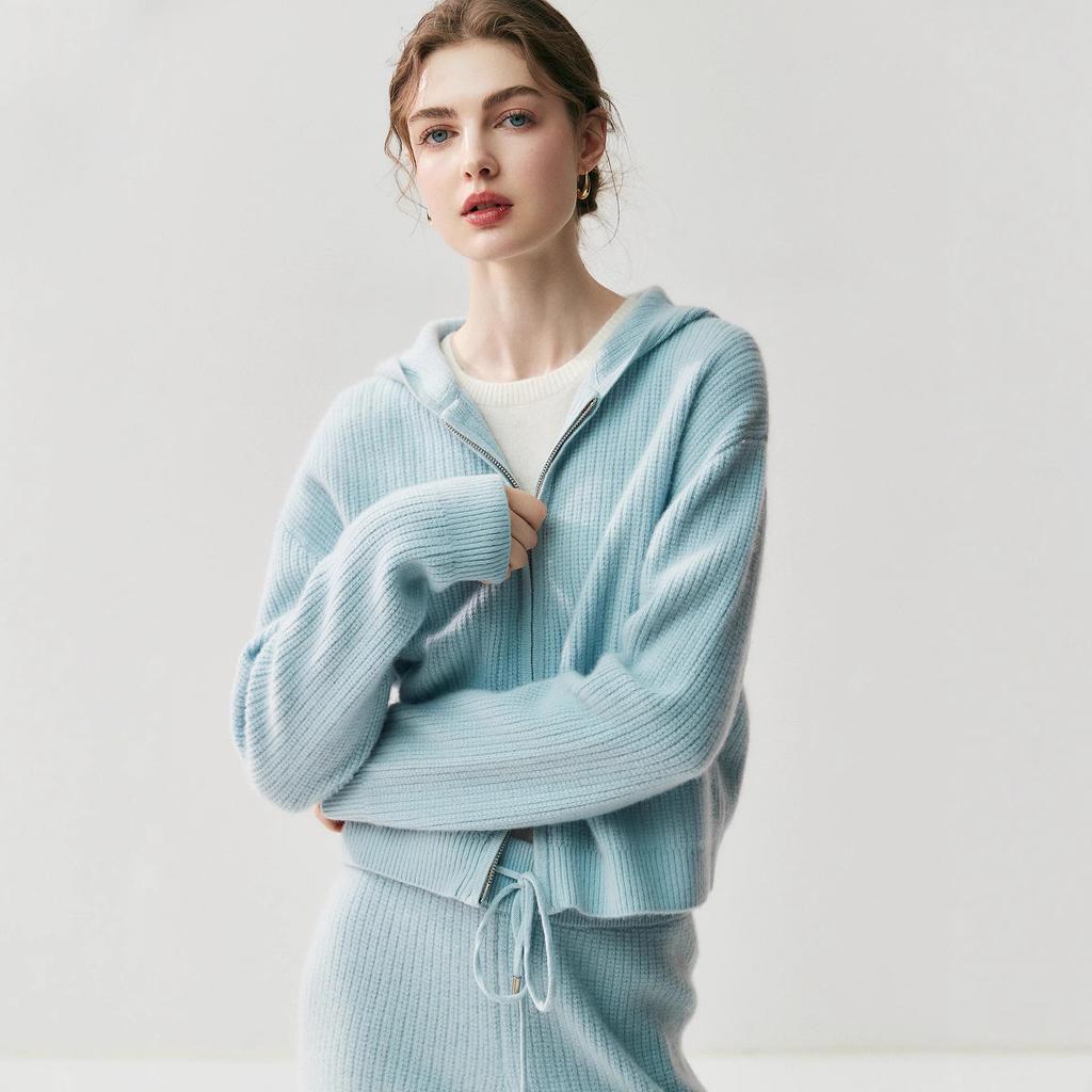 Old Money Style Women's Cashmere Waffle Knit Hooded Cardigan & Wide-Leg Pants Set - Autumn/Winter Edition
