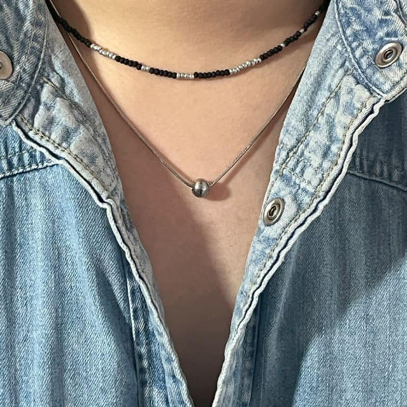 S SY [SET] HANDMADE GLASS BEADS & SILVER BALL LAYEring necklace