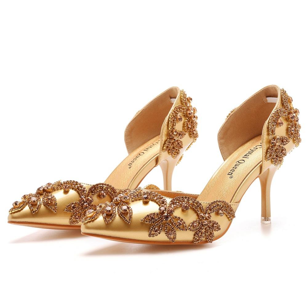 8 Cm Rhinestone Wedding Shoes, Thin Heel Pointed Sandals Hollow Two-piece Sandals Large-size Crystal Wedding Shoes for Women