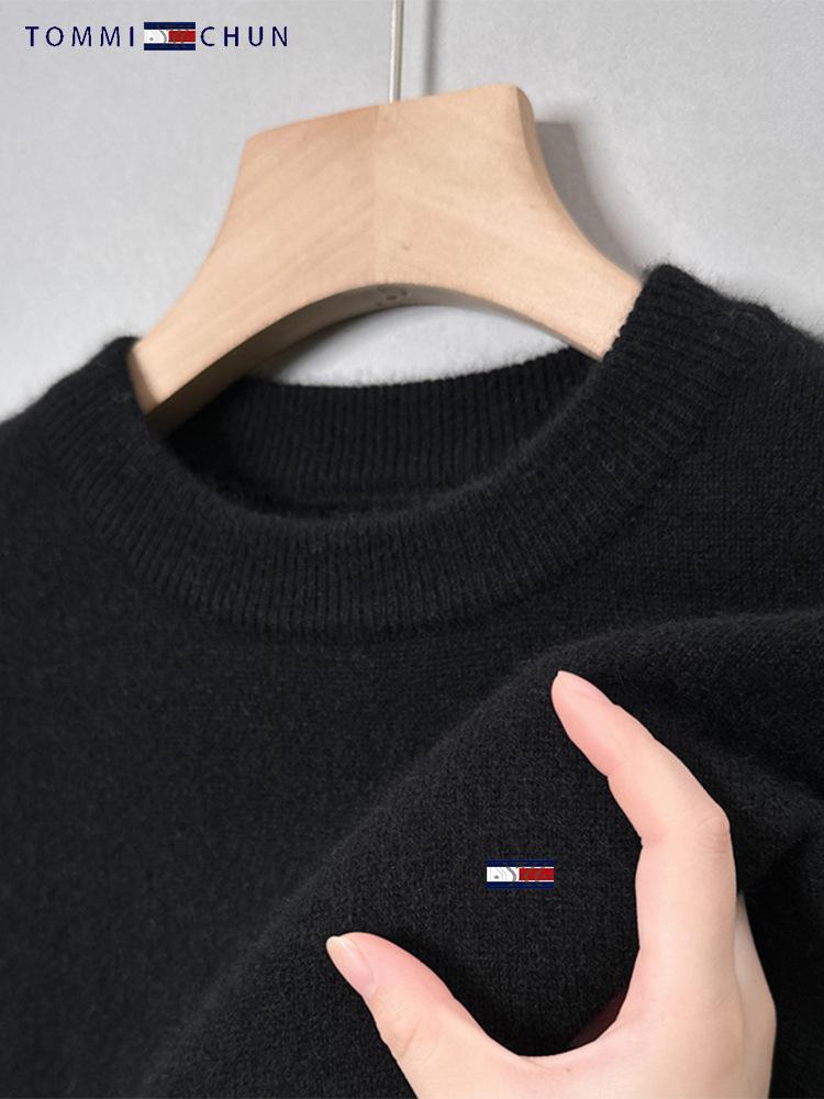 Men's American Tommy Wool Round Neck Thickened Cashmere Sweater - Casual Solid Color Knit Pullover