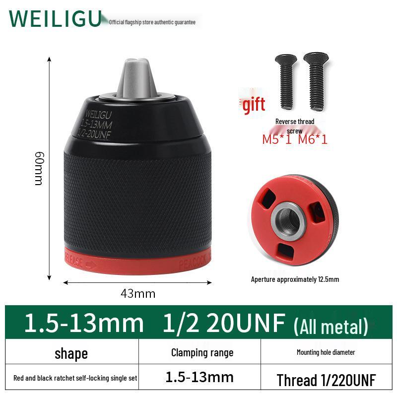 Self-Locking Ratchet Drill Chuck 1.5-13mm Quick-Change Adapter, 20/24UNF.