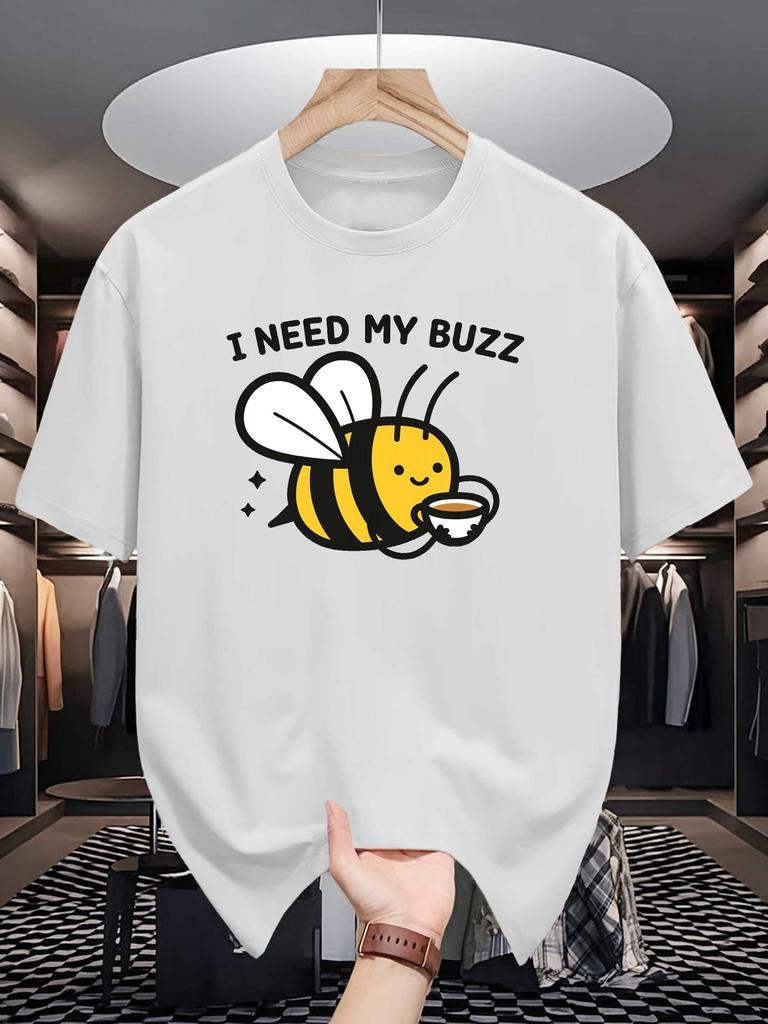 Unisex Crew Neck Tee Cute Bee Holding Coffee Letter Text Print Soft Cotton Loose Short Sleeve Summer Casual Male Streetwear Tops