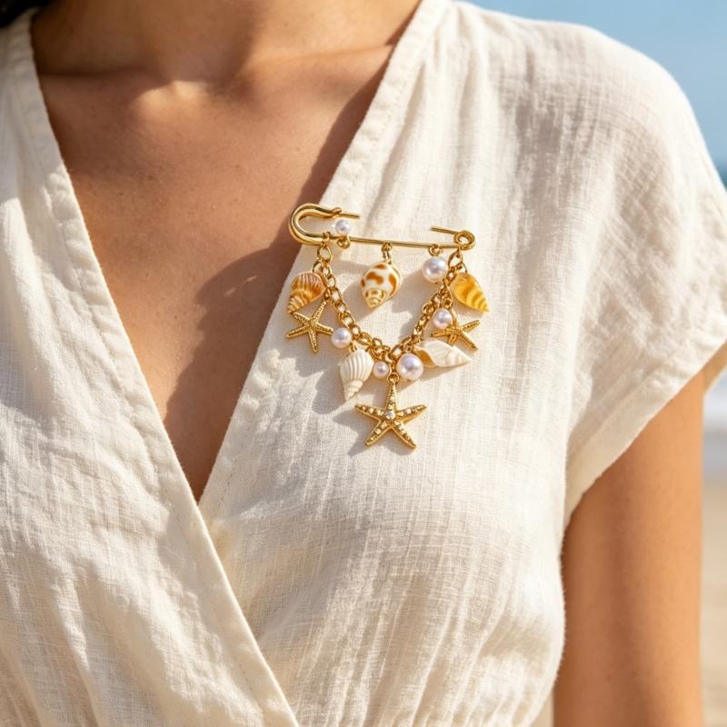 Lovely Beach Themed Alloy Brooch Featuring Shell And Starfish Decorative Chain Chest Flower For Casual Wear