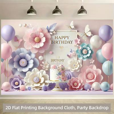2D Soft Pastel Happy Birthday Backdrop Banner with Cake & Balloons for Girls