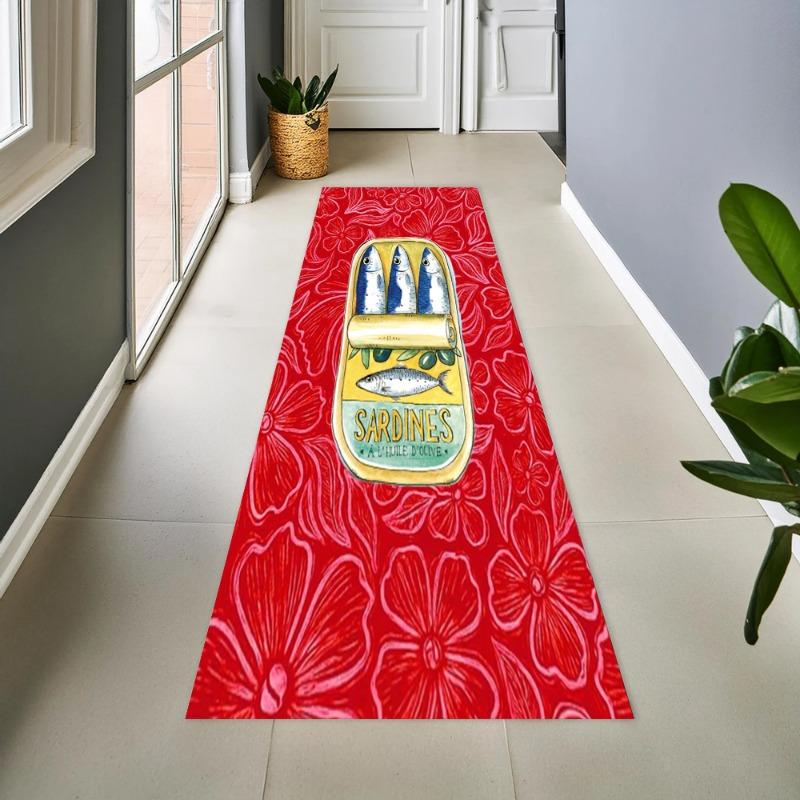 Vintage Blue Striped Sardine Graphic Long Hallway Runner Mat Rug Retro Fish Can Print For Coastal Style Kitchen Corridor Decor