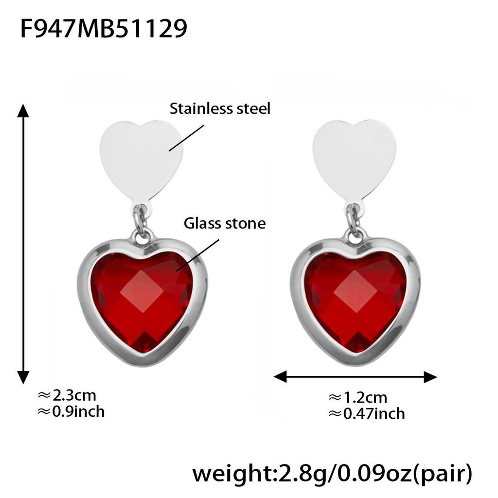 Colorful Heart Glass Stone Tassel Earrings & 18K Gold Plated Stainless Steel Necklace