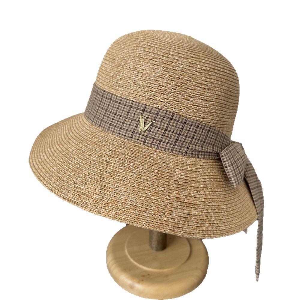 Straw Hat Versatile V Standard Plaid Bow Streamer Eaves Sunscreen Sunshade Bucket Hat Sun
