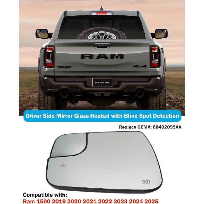 Driver Side Mirror Replacement For 2019 2020 2021 2022 2023 2024 Dodge Ram 1500, Left Side Mirror Glass Power Heated, Rear View Mirrors with Blind