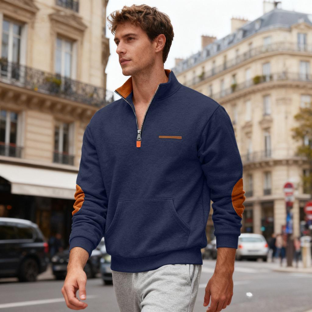 Men's Casual Oversized Solid-Color Outdoor Fleece-Lined Patchwork Zipper Stand-Up Collar Sweatshirt