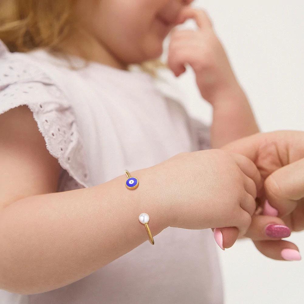 Pearls with Evil Eyes Cuff Bangle Bracelet for Little Boy Girl Birthday Gift Protection Jewelry VIP
