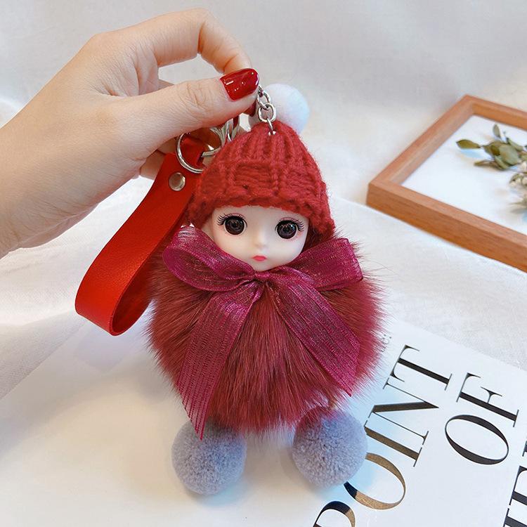 Pompom Sleeping Doll Keychain Cute Fluffy Plush Doll Keychains Women Girl Bags Keyrings Cars Key Ring Gift Charming Decoration