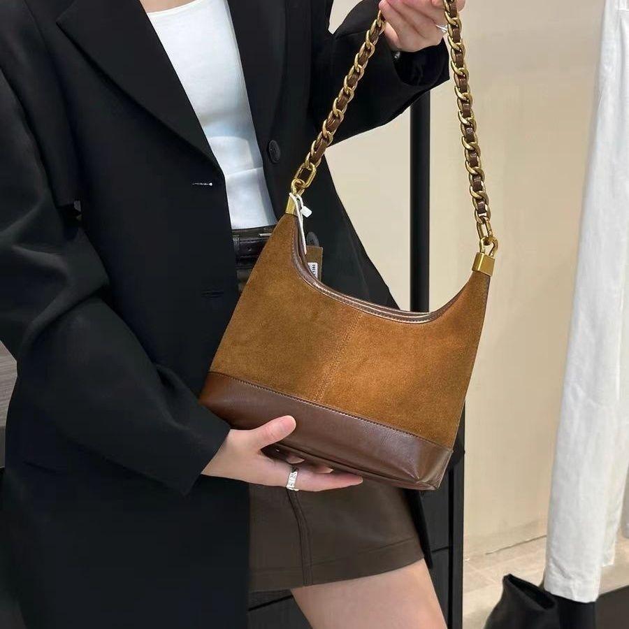 Retro Brown Chain Shoulder Bag Women Matte Patchwork Large Capacity Underarm Bag Ladies Fashion Versatile Commute Crossbody Bags