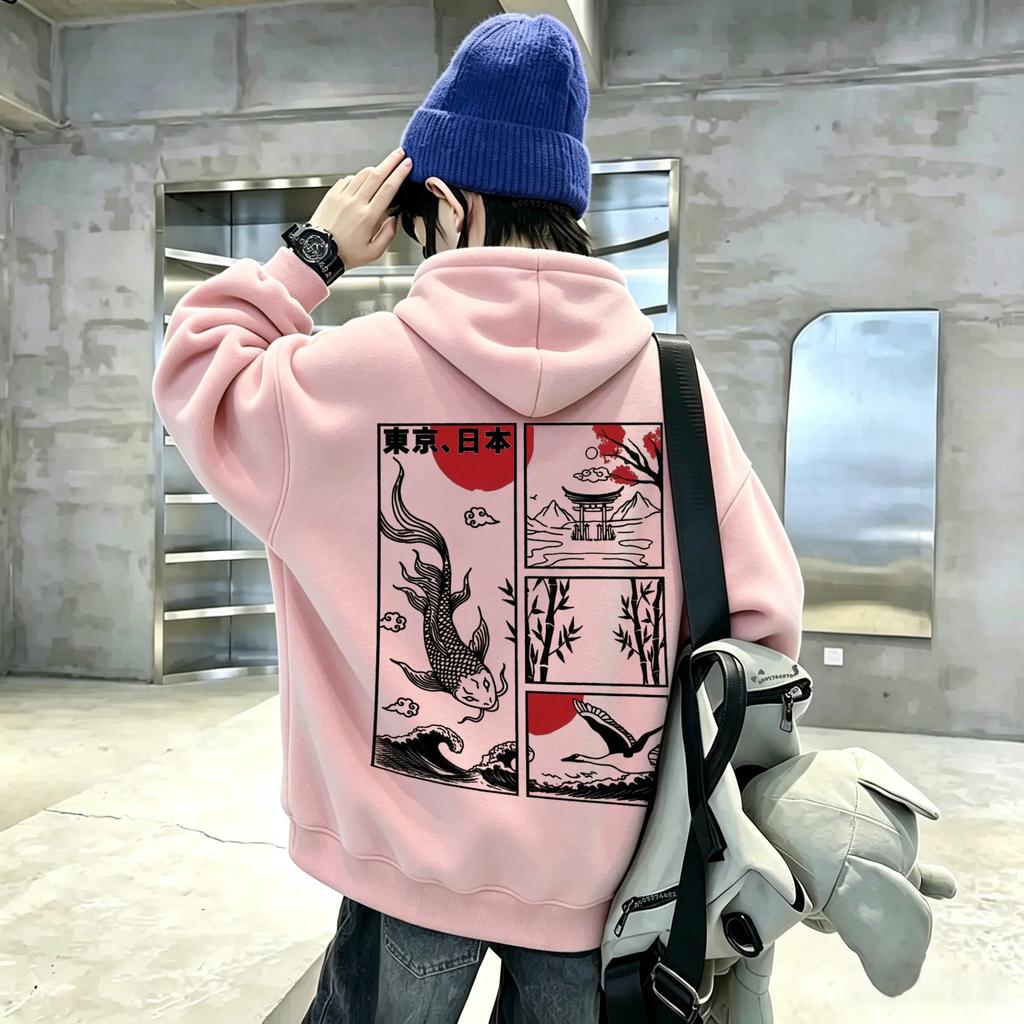 Nieuwe casual hoodie met lange mouwen in vintage stijl voor kinderen, met kunst-geïnspireerde patronen van koi, kraanvogels en bergen.