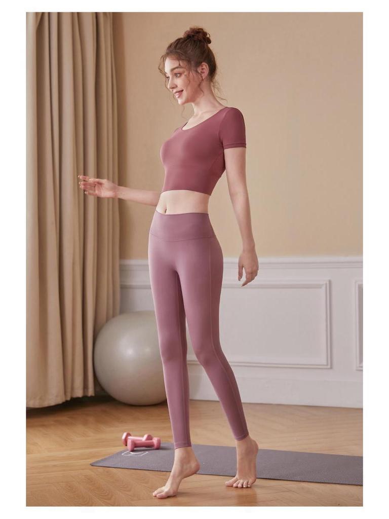 Women's Red Short Sleeve Slimming Yoga Top & Quick-Dry Running Fitness Set