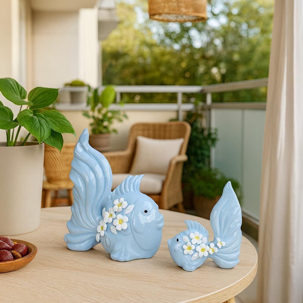 Modern Minimalist Sky Love Fish Art Figures | Beautiful Home Decor- (Set of 2 pc, Sky)