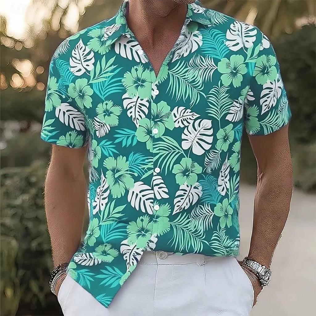 Vacation Style Palm Tree Print Short-Sleeve Shirt, Lapel Button-Down Design, Breathable Fabric, Perfect for Beach Trips and Casual Daily Scenarios