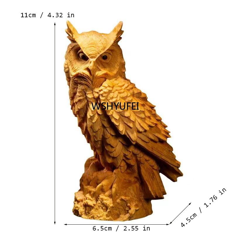 4.32 Inches Natural Cypress Tree Animal Owl Statue Solid Wood Carving Living Room Office Car Decoration Ornament