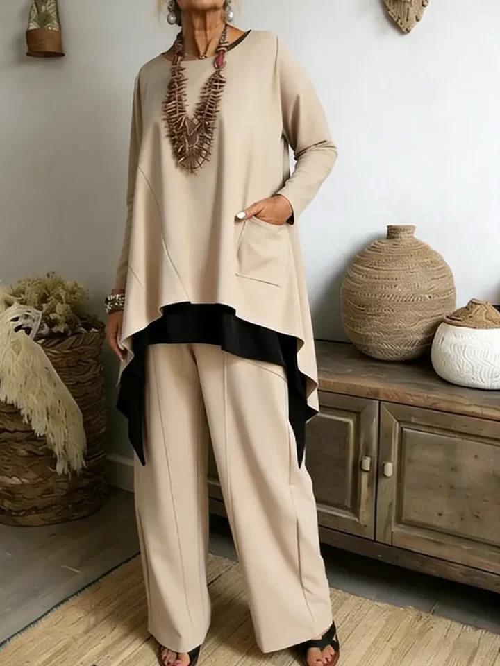 

2025 Women s Winter Color Block Long Hem Casual 2-Piece Set - European & American Fashion L абрикосовый
