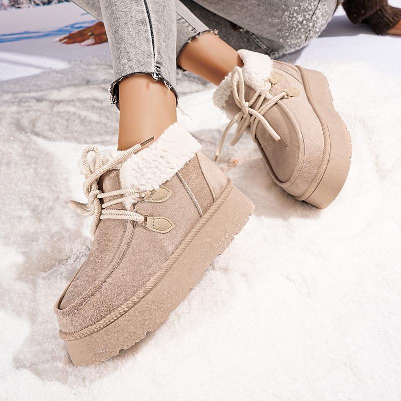 Fashion Women's Warm Snow Boots Winter New Round Toe Lace-Up Pile Front Platform Cotton Non-Slip Cotton Boots