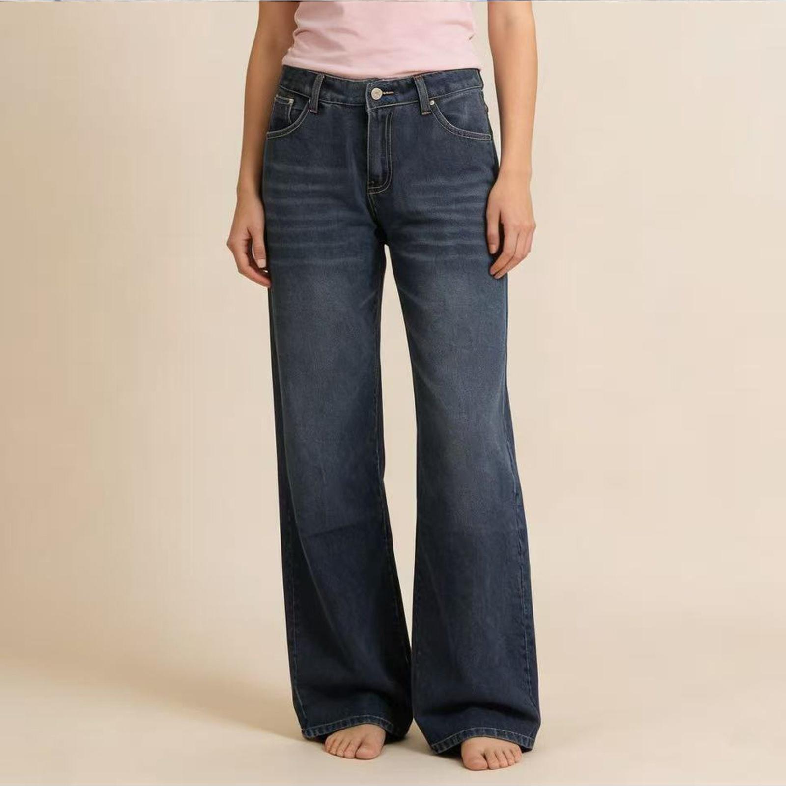 

Women s Mid- Stretch Jeans Fashion Straight Leg Denim Pants With Pockets S синій