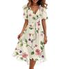 Dames Zomer Bloemenprint Casual Wikkel V-hals Gerimpelde Capuchon Korte Mouwen Riem A-lijn Gerimpelde Zoom Midi Zomerjurk