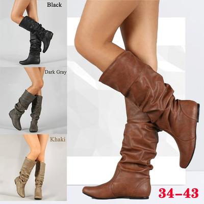 Women's Fashion Winter Flat Heel Long Boots Casual Pointed Toe Knee PU Leather Boots Ladies Outdoor Non-slip Booties Plus Size 34-43