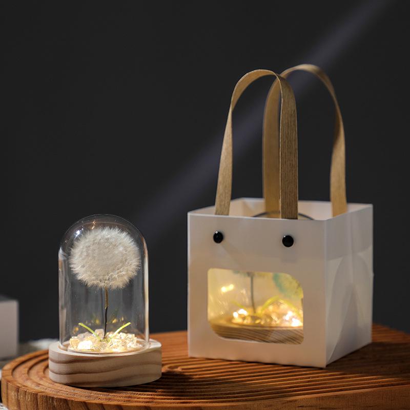 Luminous Dandelion Preserved Flower Bouquet Night Light in Glass Dome - Birthday Gift for Girls or Girlfriend