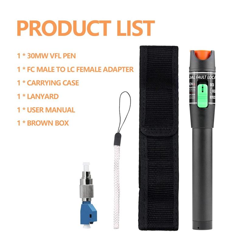 Visual Fault Locator, 30MW Optic Fiber Cable Tester With FC Male To LC Female Adapter, 30KM Red Light Source Meter